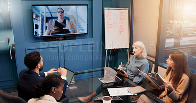 Buy stock photo Business people, virtual meeting and financial advisor in office, conversation and feedback for report. Employees, men and women in workplace, discussion and review for revenue and online chatting