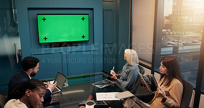 Buy stock photo Green screen, virtual meeting and people in boardroom, discussion and presentation for profit growth. Mockup space, info session and investor in office, teamwork and monitor for financial webinar