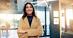 Portrait, smile and business woman with arms crossed or career experience, about us or investor. Confidence, mature executive and happy person in corporate company as finance manager with flare