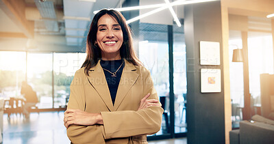 Buy stock photo Portrait, smile and business woman with arms crossed or career experience, about us or investor. Confidence, mature executive and happy person in corporate company as finance manager with flare