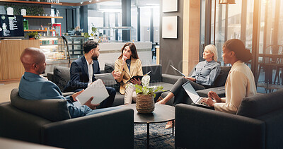 Buy stock photo Finance, meeting and talking with business people in lobby for investment or portfolio management. Collaboration, conversation and report with employee group in lounge of financial workplace