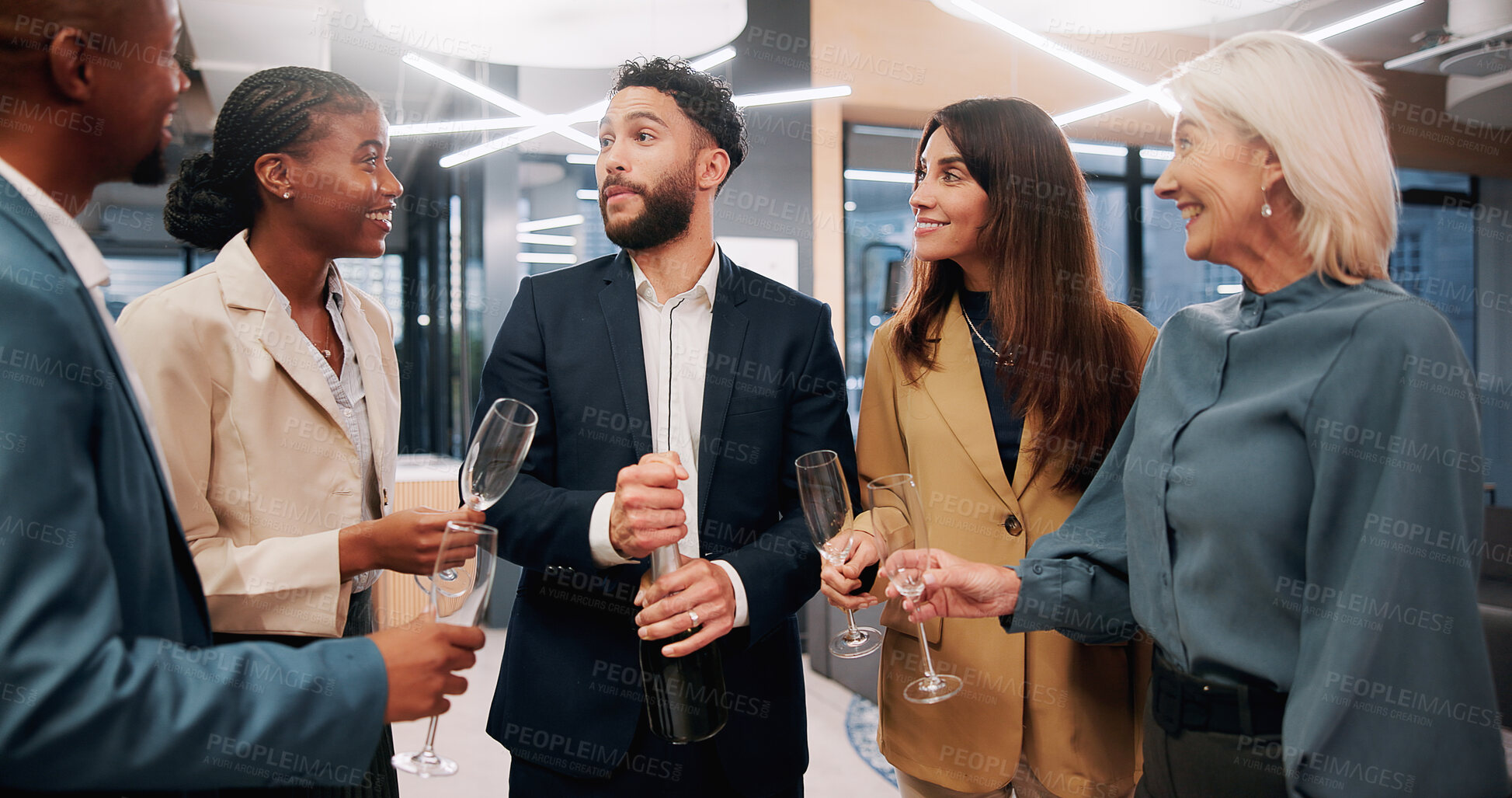 Buy stock photo Business people, meeting or discussion with champagne for celebration proposal or toast in office. Group, employees or colleagues with glasses, alcohol or bottle for party, congratulations or success