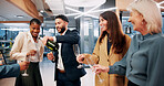 Happy, business people and pour with champagne glass for celebration, social gathering or event. Excited, group or employees with smile or alcohol for congratulations, success or party in workplace