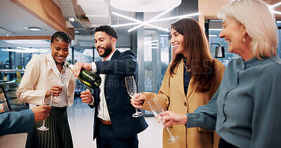 Buy stock photo Happy, business people and pour with champagne glass for celebration, social gathering or event. Excited, group or employees with smile or alcohol for congratulations, success or party in workplace