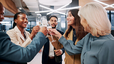 Buy stock photo Happy, business people and cheers with champagne for celebration, social gathering or event. Excited, group or employees with smile, glasses or alcohol for toast, success or party together in office