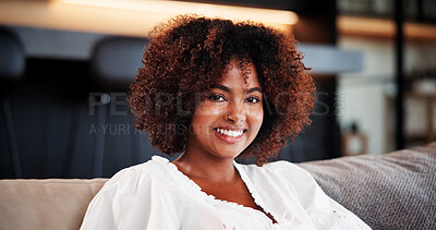 Buy stock photo Happy, portrait and woman on sofa, relax and confident on break in living room, home and comfortable. Lounge, chill and black person with smile on weekend, peace and calm on couch or resting in house