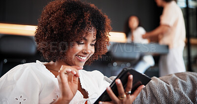 Buy stock photo Smile, woman and relax with phone at house for social media, browsing website and text message. Female person, reading and mobile for networking, celebrity gossip and texting with notification update