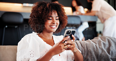 Buy stock photo Phone, happy and woman on sofa in home with networking, communication or social media on mobile app. Relax, technology and female person texting online with cellphone in living room at house.