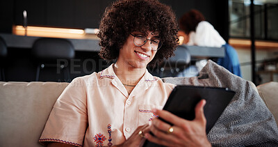 Buy stock photo Smile, man and reading with tablet at house for social media, streaming movies and weekend break. Happy, male person and digital for browsing website, download film and subscription service in lounge