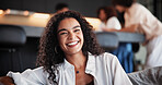 Laughing, portrait and woman on couch, lounge and confident on weekend, comfortable or chill in home. Living room, peace and person with smile on break and happy on sofa, resting and calm in house