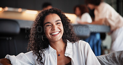 Buy stock photo Laughing, portrait and woman on couch, lounge and confident on weekend, comfortable or chill in home. Living room, humor and person with smile on break and happiness on sofa and resting in house