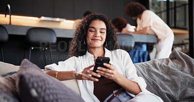 Buy stock photo Phone, relax and woman on sofa in home with networking, communication or social media on mobile app. Happy, cellphone and female person reading blog with celebrity gossip in living room at house.