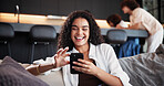 Phone, laughing and woman on sofa in home with networking, communication or social media on mobile app. Happy, cellphone and female person reading blog with celebrity gossip in living room at house.