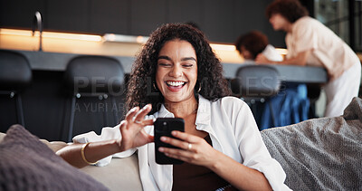 Buy stock photo Phone, laughing and woman on sofa in home with networking, communication or social media on mobile app. Happy, cellphone and female person reading blog with celebrity gossip in living room at house.
