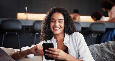 Buy stock photo Phone, smile and woman on sofa in home with networking, communication or social media on mobile app. Happy, cellphone and female person reading blog with celebrity gossip in living room at house.