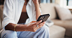Hands, woman and relax with phone at house for social media, browsing website and text message. Female person, reading and mobile for networking, celebrity gossip and texting with notification update
