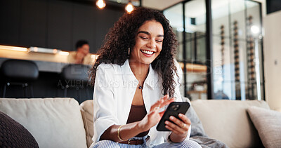 Buy stock photo Cellphone, smile and woman on sofa in home with networking, communication or social media online. Happy, phone and female person reading blog with celebrity gossip on mobile app in living room.