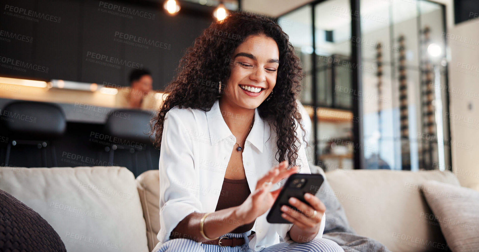 Buy stock photo Cellphone, smile and woman on sofa in home with networking, communication or social media online. Happy, phone and female person reading blog with celebrity gossip on mobile app in living room.