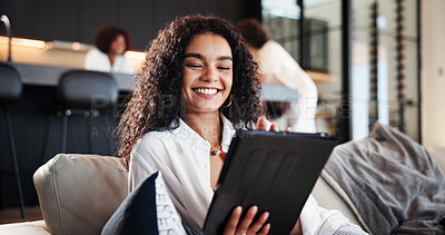 Buy stock photo Woman, tablet and smile on couch for social media, streaming movie and scroll in living room. Female person, website or subscription on sofa in home, search and online in apartment for reading ebook