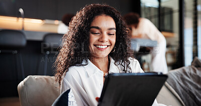 Buy stock photo Woman, happy and relax on sofa with tablet at home for funny video, meme and streaming on break in lounge. Person, tech and smile on couch for web chat, application or social network in apartment