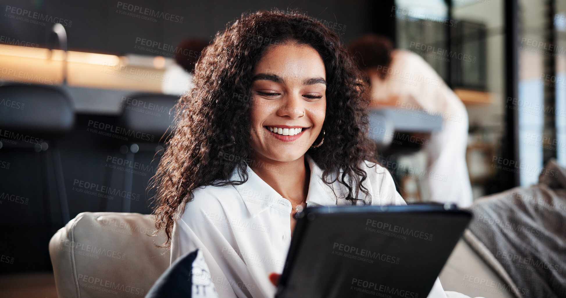 Buy stock photo Woman, happy and relax on sofa with tablet at home for funny video, meme and streaming on break in lounge. Person, tech and smile on couch for web chat, application or social network in apartment