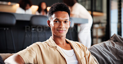 Buy stock photo Relax, man and smile with portrait on sofa for weekend break, peaceful afternoon and free time. Calm, person and happy in living room for holiday chill, unwind and comfortable rest on day off in home