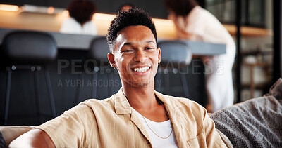 Buy stock photo Happy, portrait and man on couch, relax and confident on break in living room, home and comfortable. Lounge, chilling and person with smile on weekend, peace and calm on sofa or resting in house