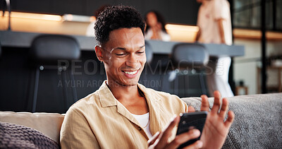 Buy stock photo Happy, man and relax with phone at house for social media, browsing website and text message. Smile, male person and mobile for networking, download games and texting contact with notification update