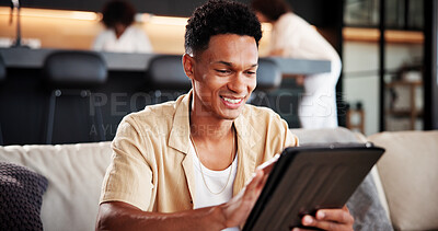 Buy stock photo Smile, man and relax with tablet in home for social media, streaming movie and weekend break. Happy, male person or digital for browsing website, download film and subscription service in living room