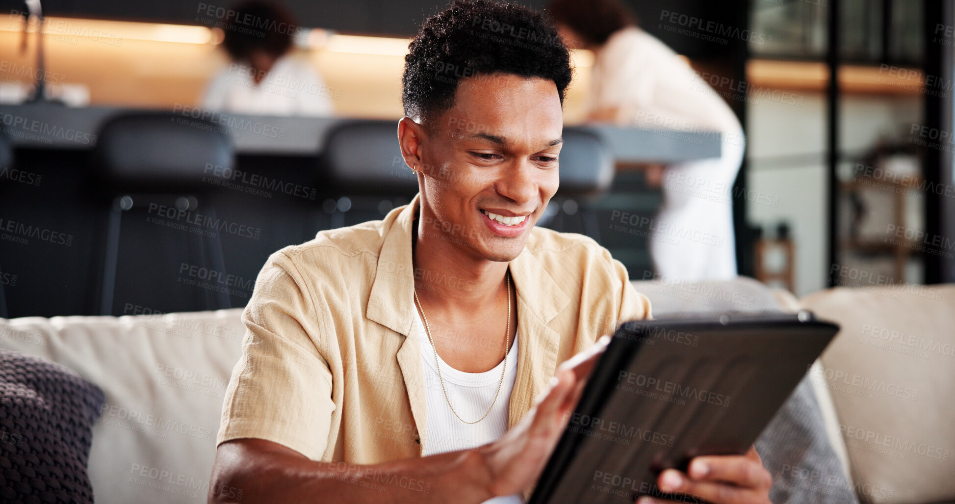 Buy stock photo Smile, man and relax with tablet in home for social media, streaming movie and weekend break. Happy, male person or digital for browsing website, download film and subscription service in living room