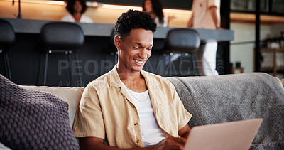 Buy stock photo Smile, man and relax with laptop at house for social media, streaming movie and weekend break. Happy, male person and pc on sofa for browsing website, download film and subscription service in lounge