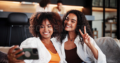 Buy stock photo Selfie, smile or friends on couch with peace sign, bonding together or online memory for social media. Digital, happy or women in house with gesture, moment capture or connection for profile update.