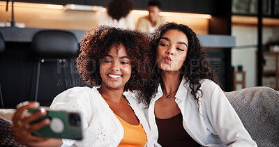 Buy stock photo Selfie, smile or friends on couch with pout, bonding together or online memory for social media. Digital, happy or women in house with funny face, moment capture or connection for profile update.