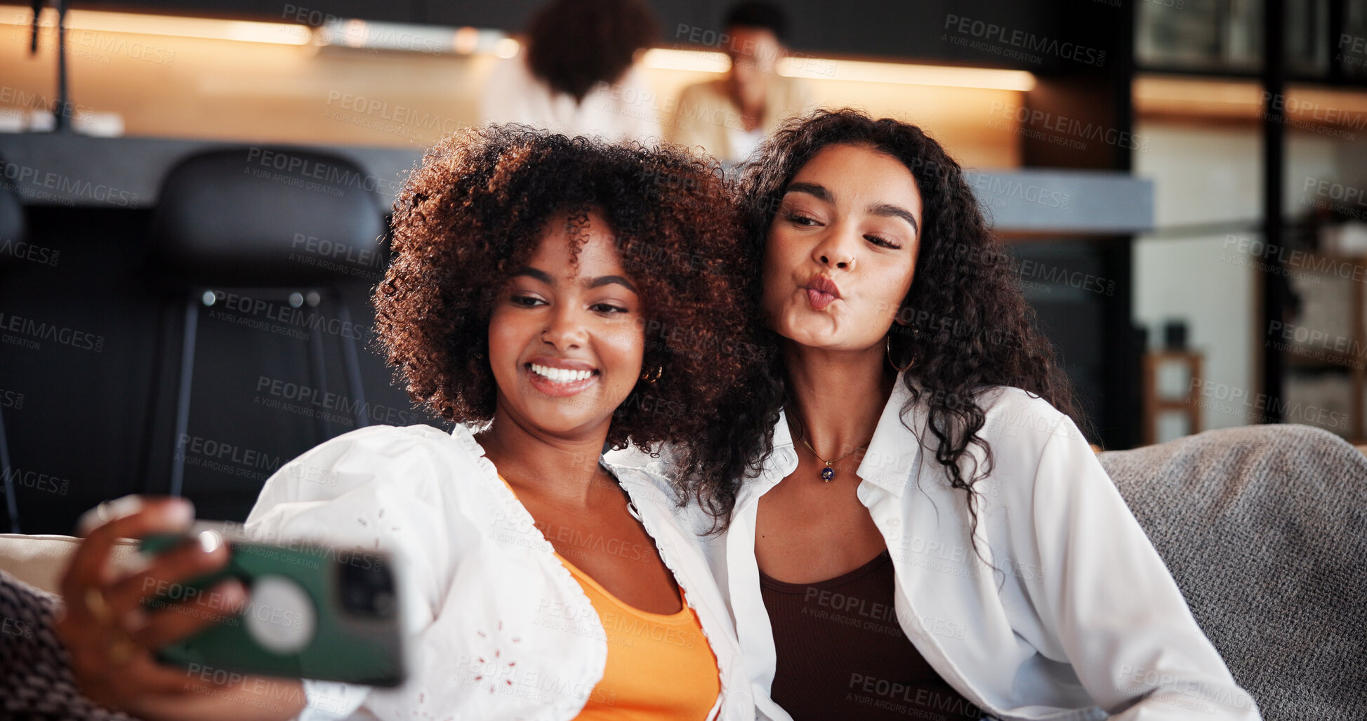 Buy stock photo Selfie, smile or friends on couch with pout, bonding together or online memory for social media. Digital, happy or women in house with funny face, moment capture or connection for profile update.