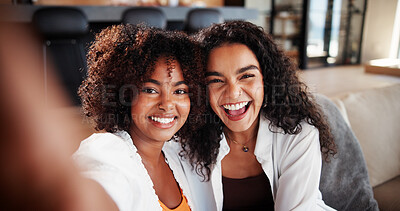 Buy stock photo Selfie, smile or friends on couch with portrait, bonding together or online memory for social media. Digital, POV or women in house with happiness, moment capture or connection for profile update.