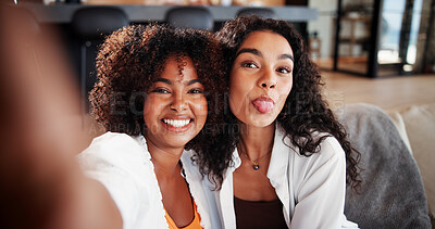 Buy stock photo Selfie, portrait or women on couch with tongue out, bonding or online memory for social media. Digital, POV or friends in house with funny face, moment capture or connection for profile update.
