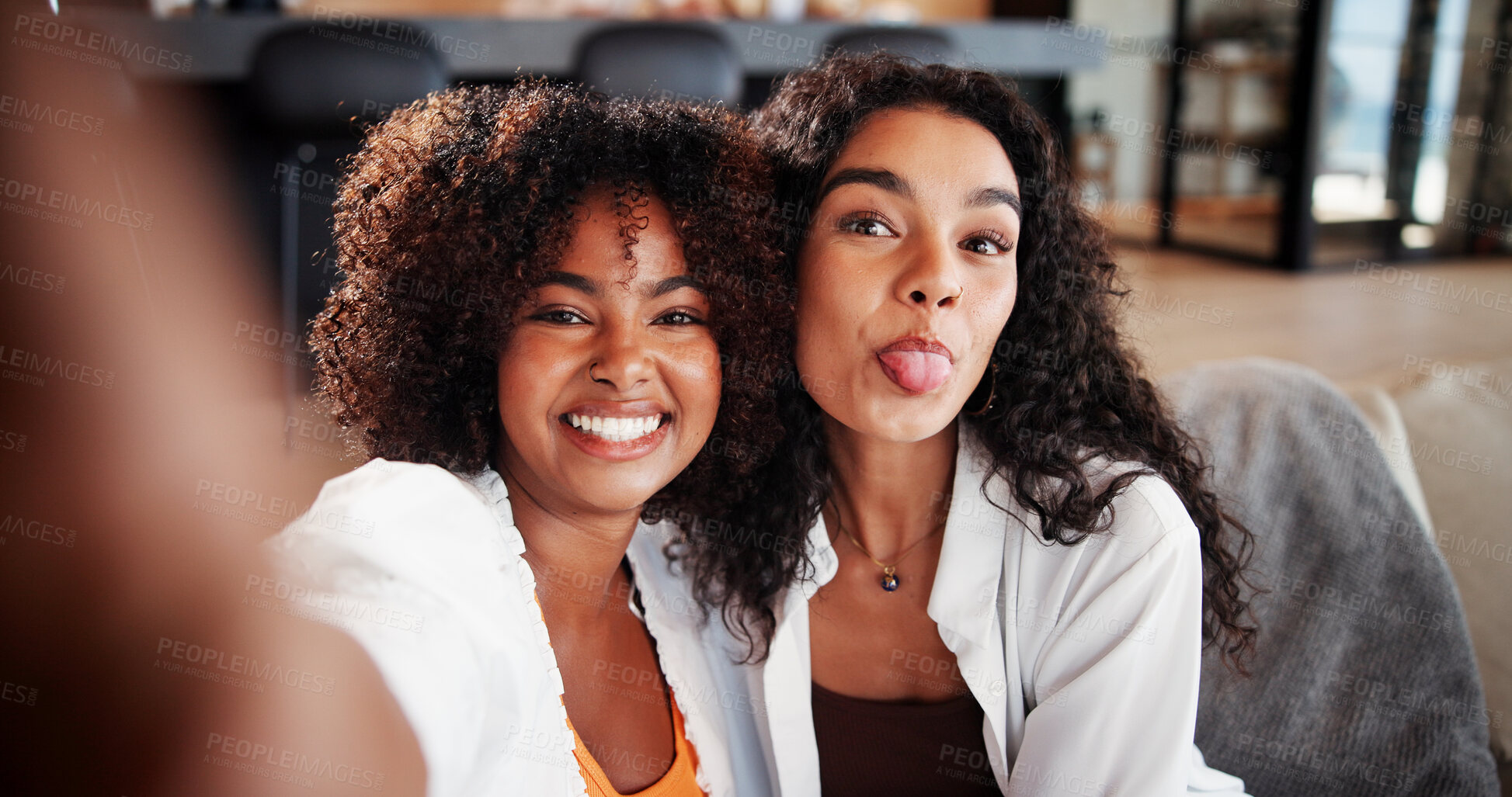 Buy stock photo Selfie, portrait or women on couch with tongue out, bonding or online memory for social media. Digital, POV or friends in house with funny face, moment capture or connection for profile update.

