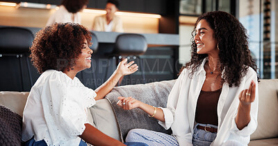 Buy stock photo Happy, friends and women on sofa for conversation, chat and talking for weekend hangout. Home, relax and people in living room for discussion, gossip and laugh at joke for bonding, reunion and visit