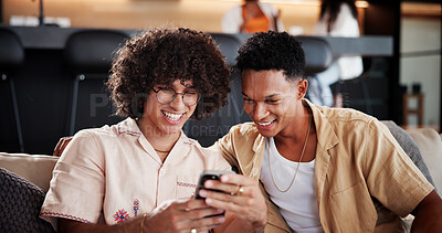 Buy stock photo Men, friends and relax on sofa with phone in home, share meme and funny video in living room. People, smartphone and laugh on couch with joke, post and mobile app for social network at apartment