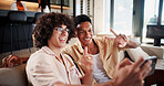 Selfie, smile and friends on sofa with peace sign, bonding together or online memory for social media. Digital, happy or men in house with gesture, moment capture and connection for profile update.
