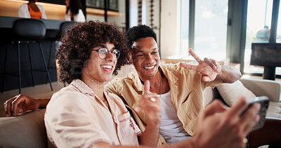 Buy stock photo Selfie, smile and friends on sofa with peace sign, bonding together or online memory for social media. Digital, happy or men in house with gesture, moment capture and connection for profile update.
