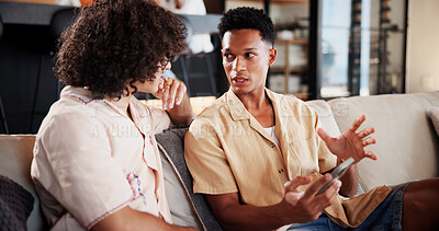 Buy stock photo Happy, friends and men on sofa for conversation, chat and talking for weekend hangout. Home, relax and people in living room for discussion, gossip and communication for bonding, reunion and visit