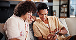 Digital, scroll or men on sofa with phone, conversation or bonding together on social media update. Discussion, tech or friends in house with chatting, app browsing or internet search in living room.