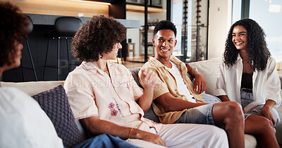 Buy stock photo Happy, friends and people on sofa for conversation, chat and talking for weekend hangout. Home, relax and men and women on couch for discussion, gossip and laugh at joke for bonding, reunion or visit