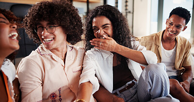 Buy stock photo Happy, friends and people on sofa laugh for conversation, chat and talking for weekend hangout. Home, relax and men and women on couch with funny joke, gossip and humor for bonding, reunion and visit