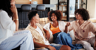 Buy stock photo Happy, relax and friends on sofa for conversation, chat and talking for weekend hangout. Home, laugh and men and women on couch with funny joke, gossip and humor for bonding, reunion and visit