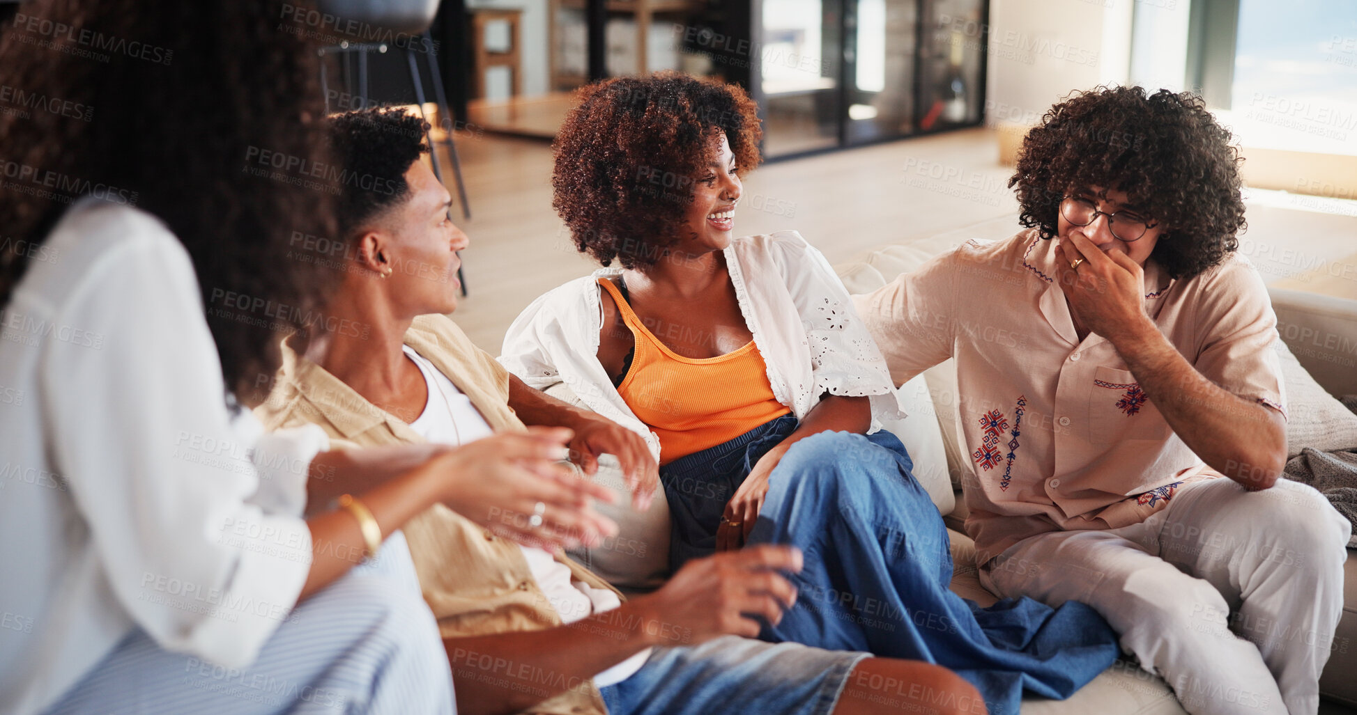 Buy stock photo Happy, weekend and friends on sofa for conversation, chat and talking for hangout together. Home, laugh and men and women on couch with funny joke, gossip and humor for bonding, reunion and visit