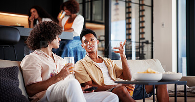 Buy stock photo Relax, friends and men on sofa for conversation, chat and talking for weekend hangout. Home, update and people in living room for discussion, gossip and connection for bonding, reunion and visit