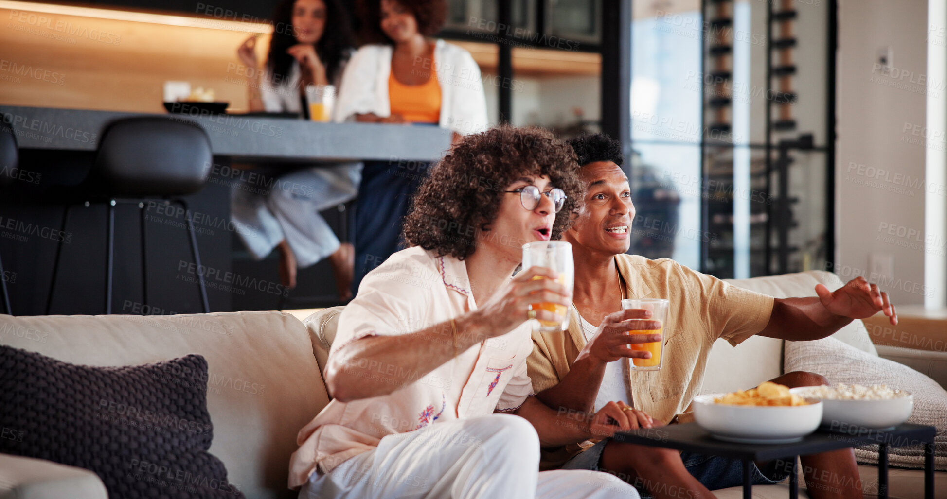 Buy stock photo Men, friends and excited with watching tv on sofa with sports game, tournament or match in living room. People, happy and drinks on couch for streaming, subscription and television in lounge at home