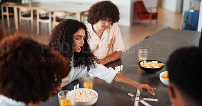 Buy stock photo Woman, friends and play dominoes in home with snacks, bonding and challenge with contest on break. People, group and relax with game, strategy and competition with drinks with reunion at apartment
